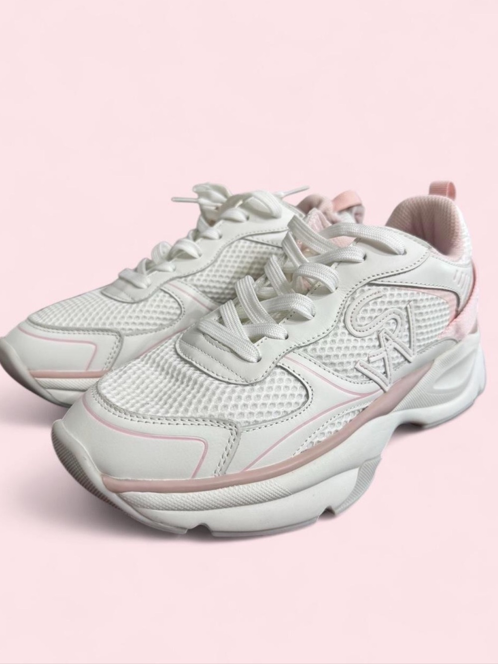 Stuart Weitzman White & Light Pink Mesh Chunky Sneakers